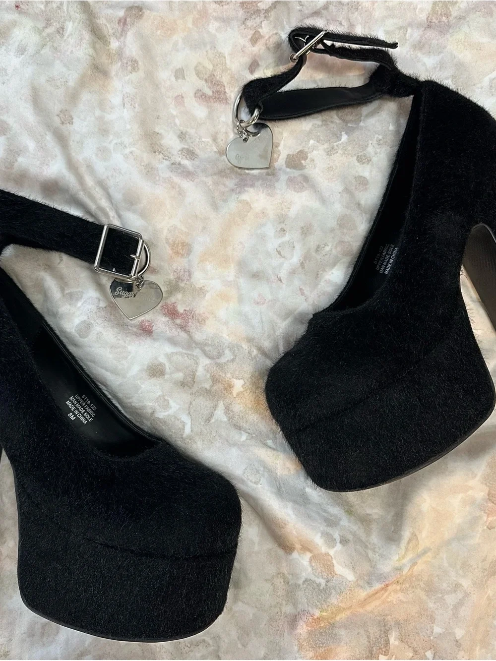 Sugar Thrillz Black Velvet Platform Ankle-Strap Heels with Heart Charm